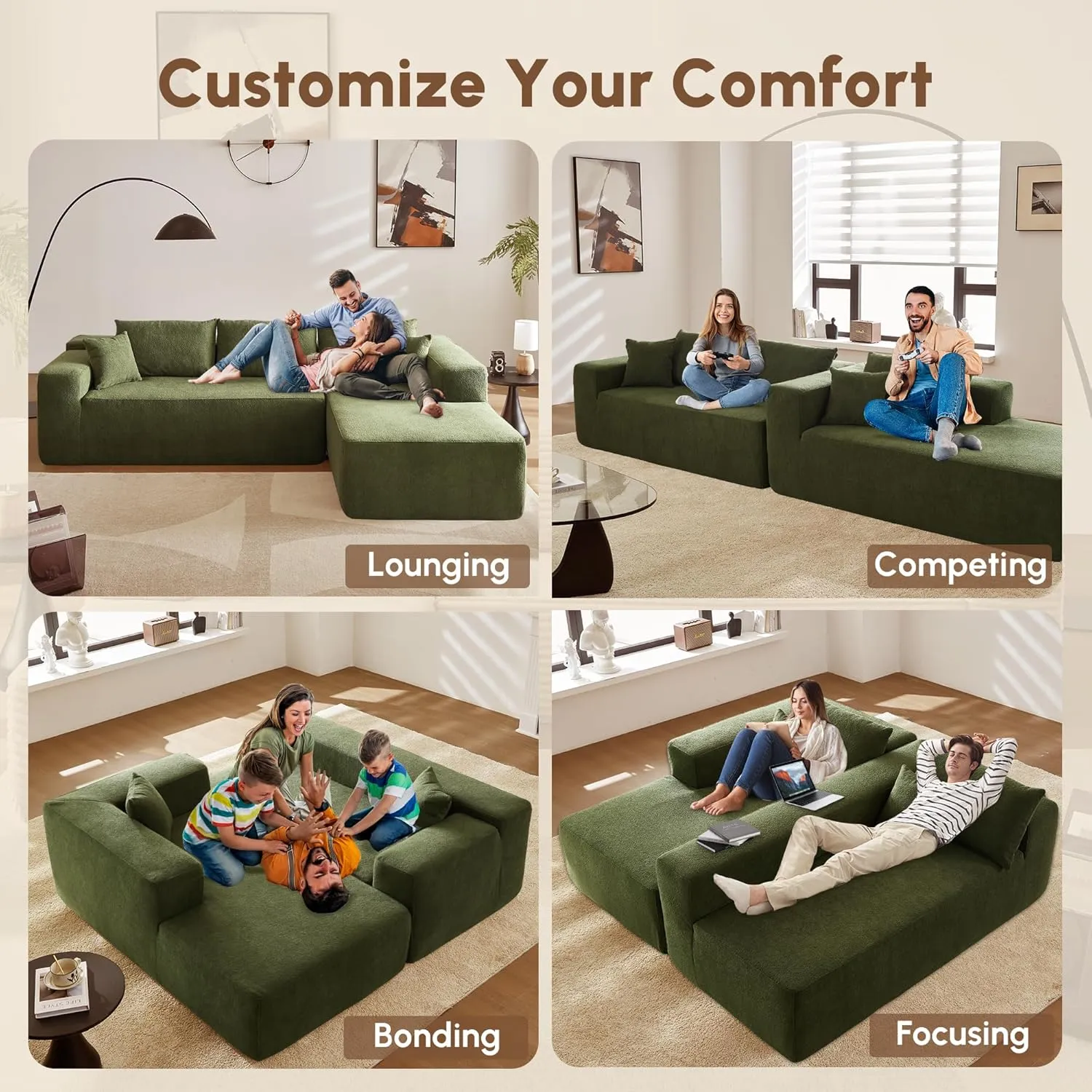 106" Cloud Sectional Couch with Comfy Chaise,L Shaped Modern Modular Sofa with Deep Seat,No Assembly Required Couch for Living Room Lounge,Green