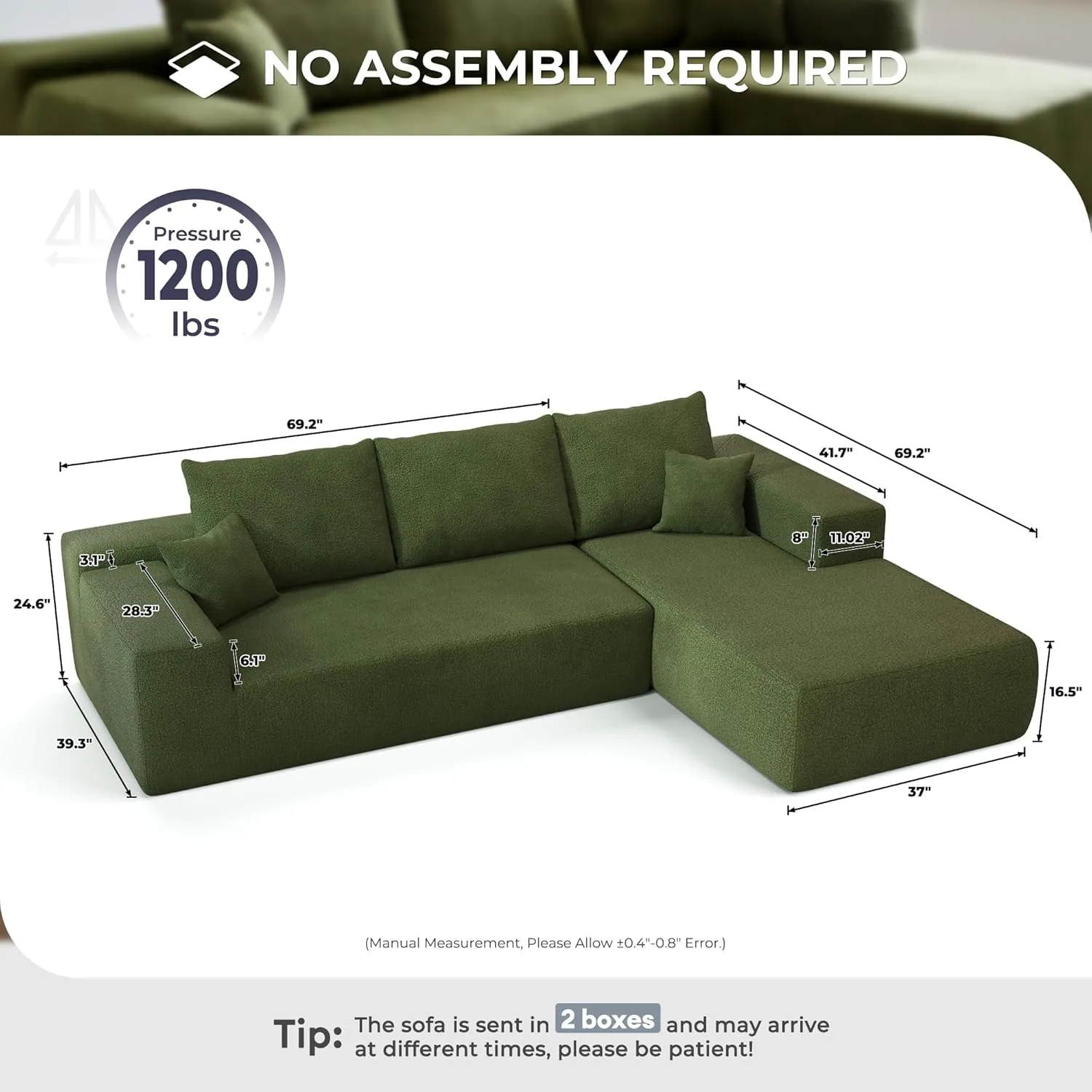 106" Cloud Sectional Couch with Comfy Chaise,L Shaped Modern Modular Sofa with Deep Seat,No Assembly Required Couch for Living Room Lounge,Green