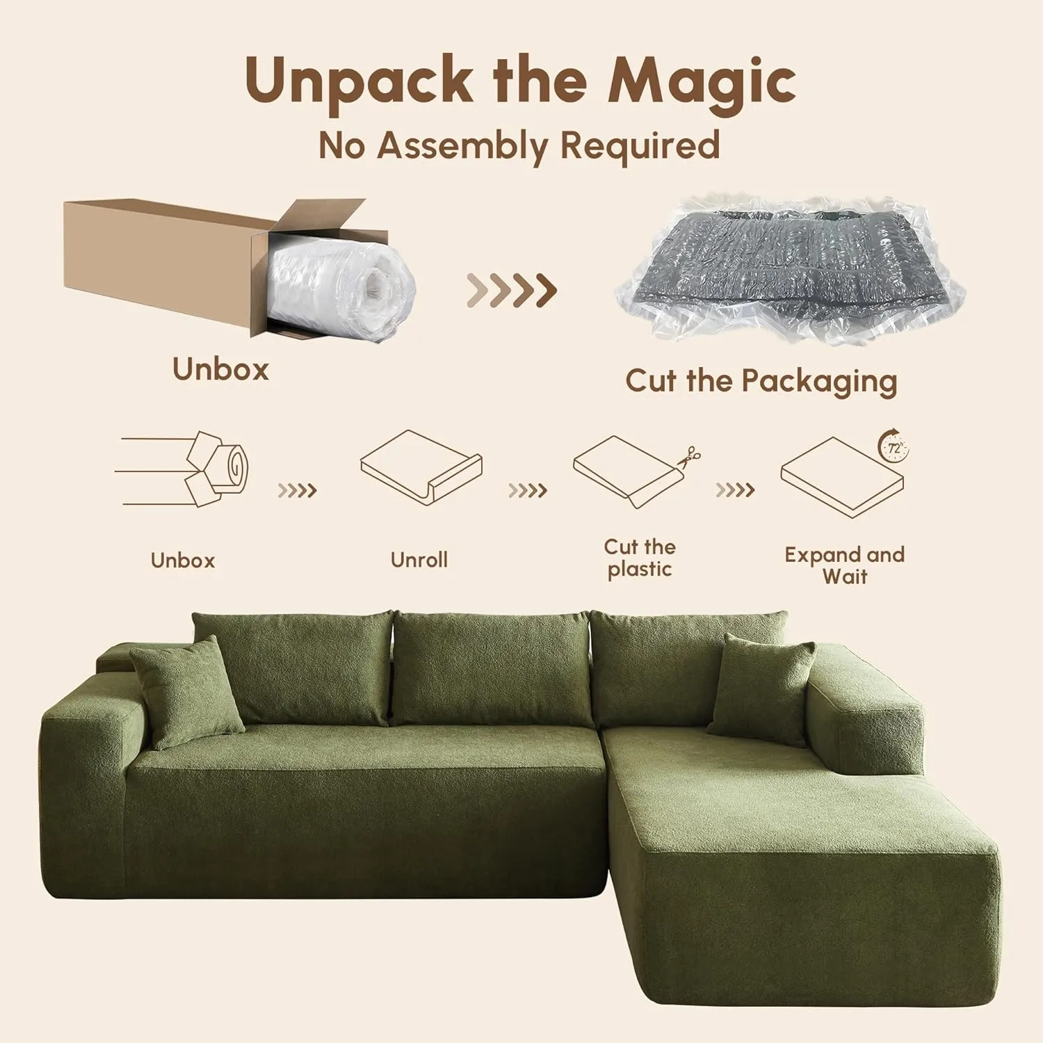 106" Cloud Sectional Couch with Comfy Chaise,L Shaped Modern Modular Sofa with Deep Seat,No Assembly Required Couch for Living Room Lounge,Green