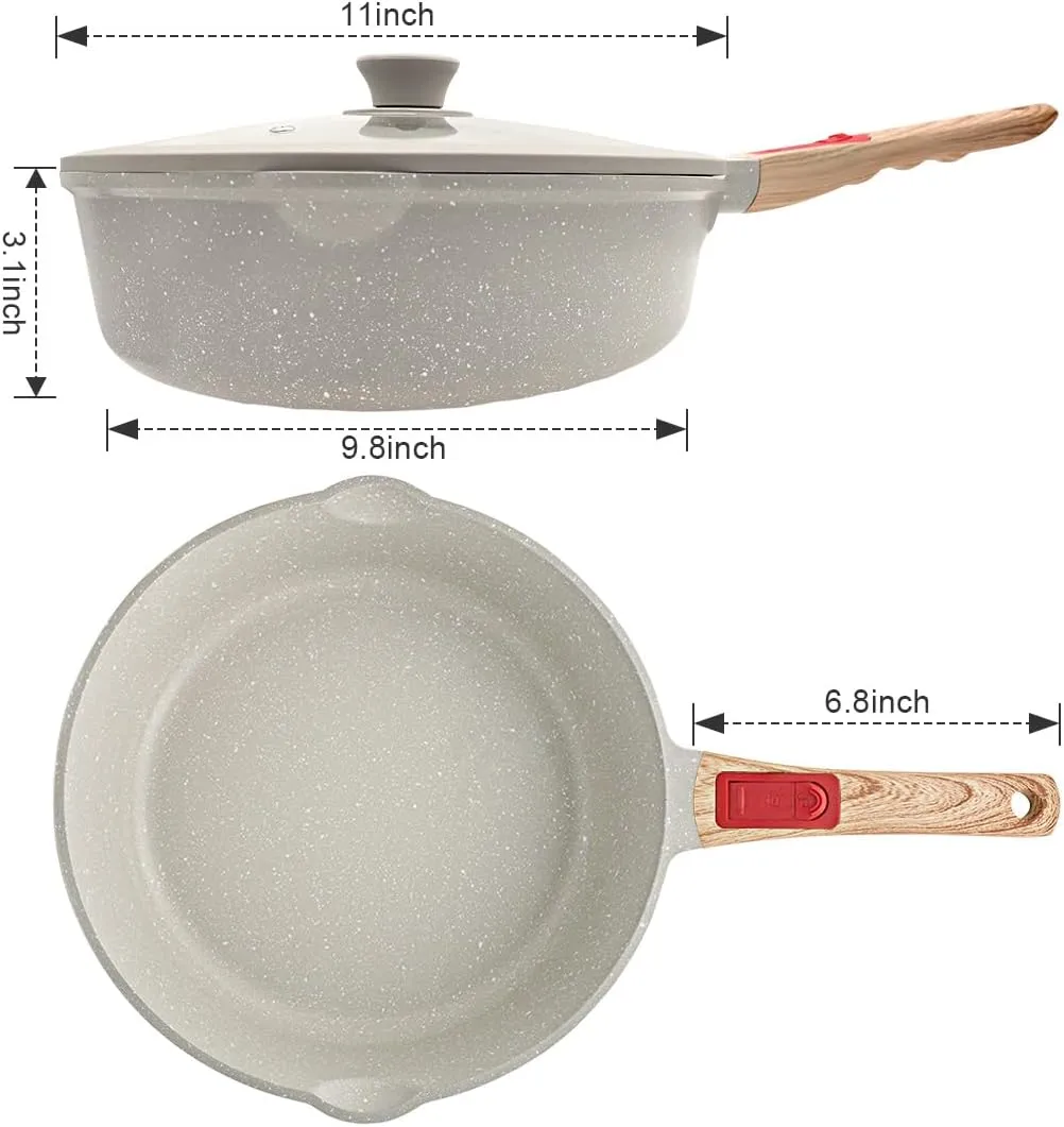 11 Inch Nonstick Deep Frying Pan with Lid, 5Qt Non Stick Skillet with Removable Handle, Aluminum Sauté Pan Compatible with All Stovetops, Dishwasher& Oven Safe (White)