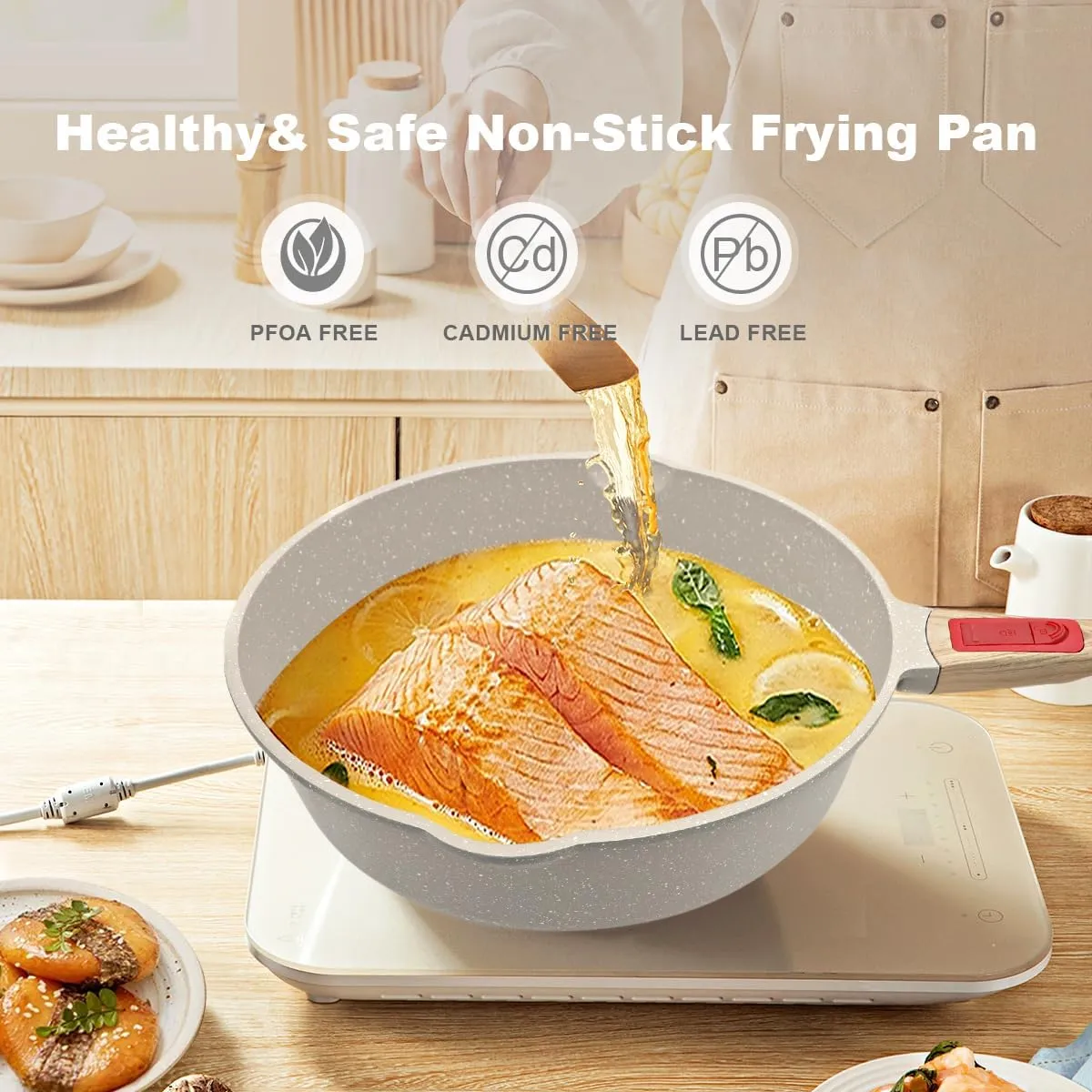 11 Inch Nonstick Deep Frying Pan with Lid, 5Qt Non Stick Skillet with Removable Handle, Aluminum Sauté Pan Compatible with All Stovetops, Dishwasher& Oven Safe (White)