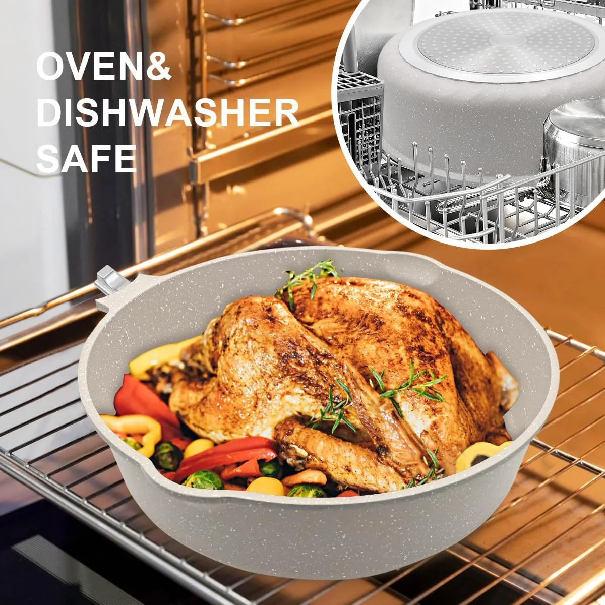 11 Inch Nonstick Deep Frying Pan with Lid, 5Qt Non Stick Skillet with Removable Handle, Aluminum Sauté Pan Compatible with All Stovetops, Dishwasher& Oven Safe (White)