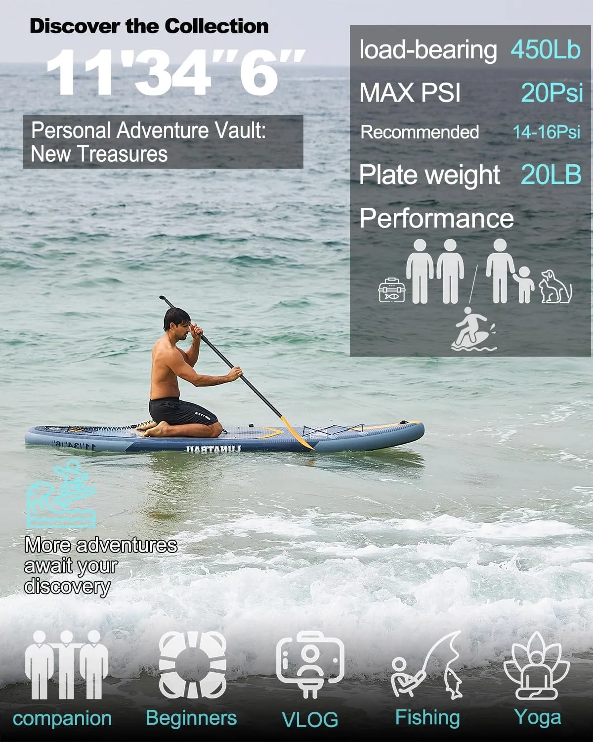 【11'×34"】 Extra Long/Extra Wide Premium Inflatable Stand Up Paddle Board (SUP) – Portable & Lightweight for Yoga, Surfing, Family Fun | Complete Kit with Paddle, Pump, Bag | Durable Design