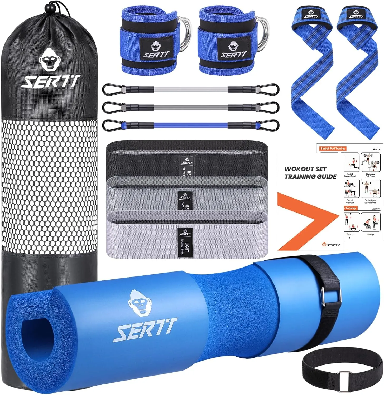 12Pcs Foam Barbell Pad Set for Squats, SERTT Hip Thrust Pad Gym Essentials Set for Workout, 1 Gym Pad, 1 Carry Bag, 2 Lifting Strap, 2 Ankle Cuffs, 3 Ankle Risistance Band, 3 Hip Resistance Bands