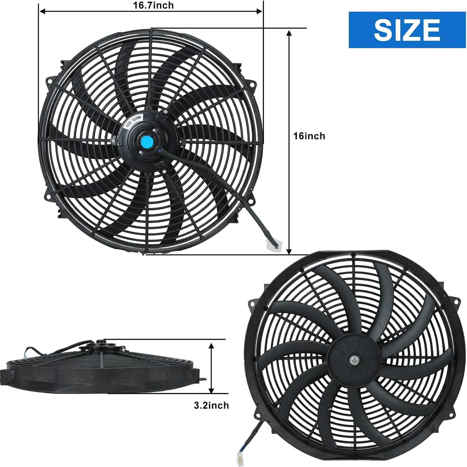 16 Inch Universal Slim Fan Push Pull Electric Radiator Cooling Fan 12V 120W with Mount Kit