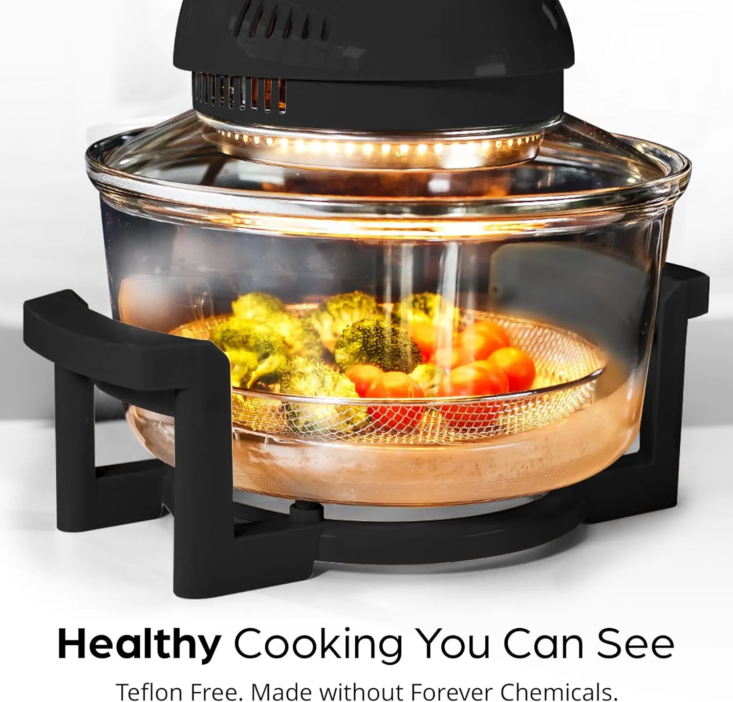 16Qt Extra Large Glass Air Fryer Non Toxic – Family Sized 4 in 1 Cooker with 3 Cooking Sections, Stainless Steel Racks for French Fries, Chicken, No Preheat, Self Cleaning, Dishwasher Safe