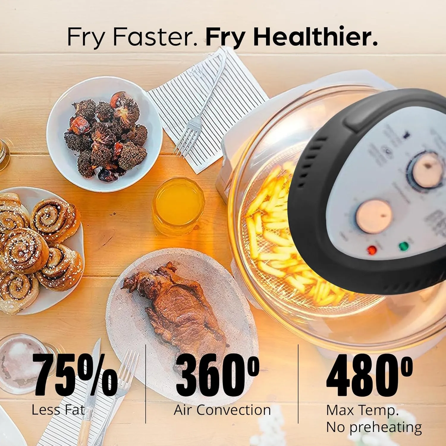 16Qt Extra Large Glass Air Fryer Non Toxic – Family Sized 4 in 1 Cooker with 3 Cooking Sections, Stainless Steel Racks for French Fries, Chicken, No Preheat, Self Cleaning, Dishwasher Safe