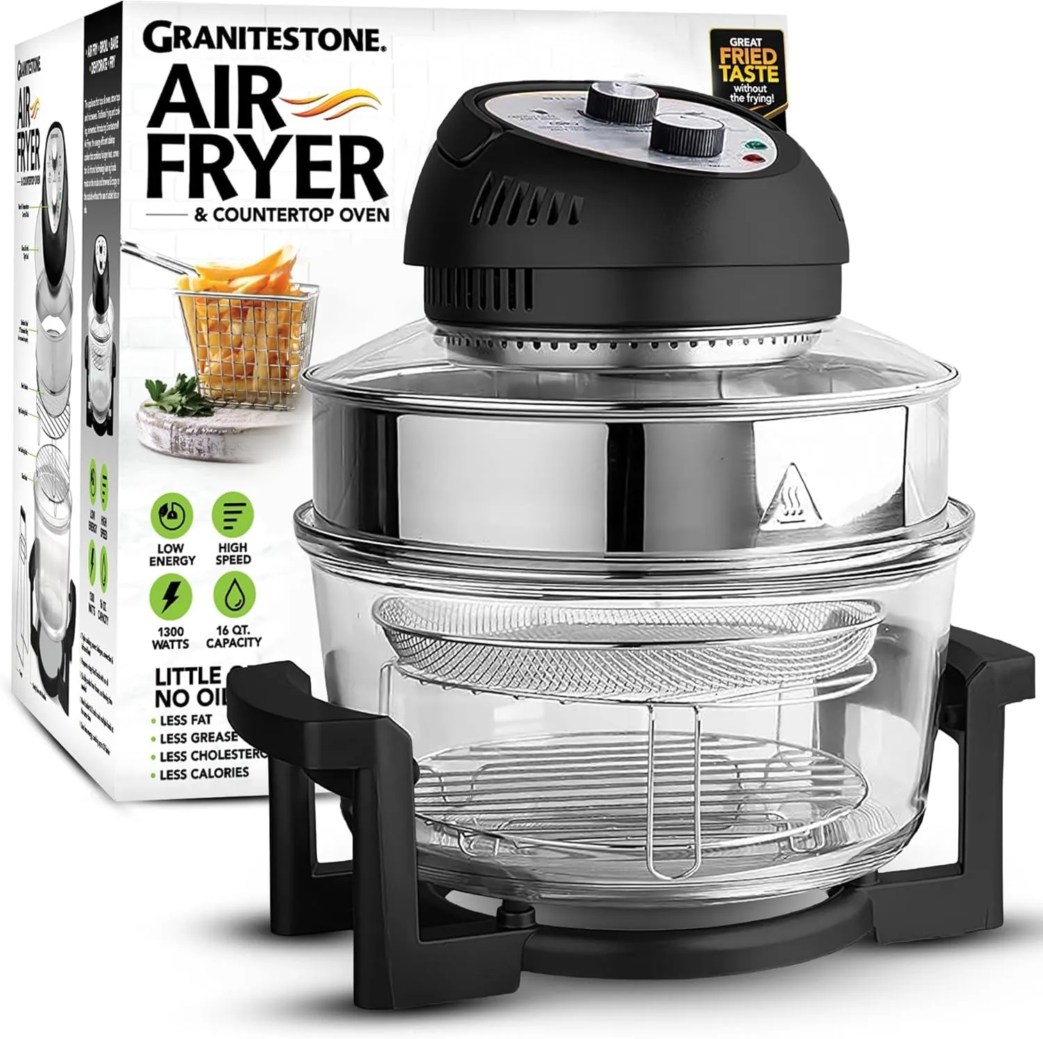 16Qt Extra Large Glass Air Fryer Non Toxic – Family Sized 4 in 1 Cooker with 3 Cooking Sections, Stainless Steel Racks for French Fries, Chicken, No Preheat, Self Cleaning, Dishwasher Safe