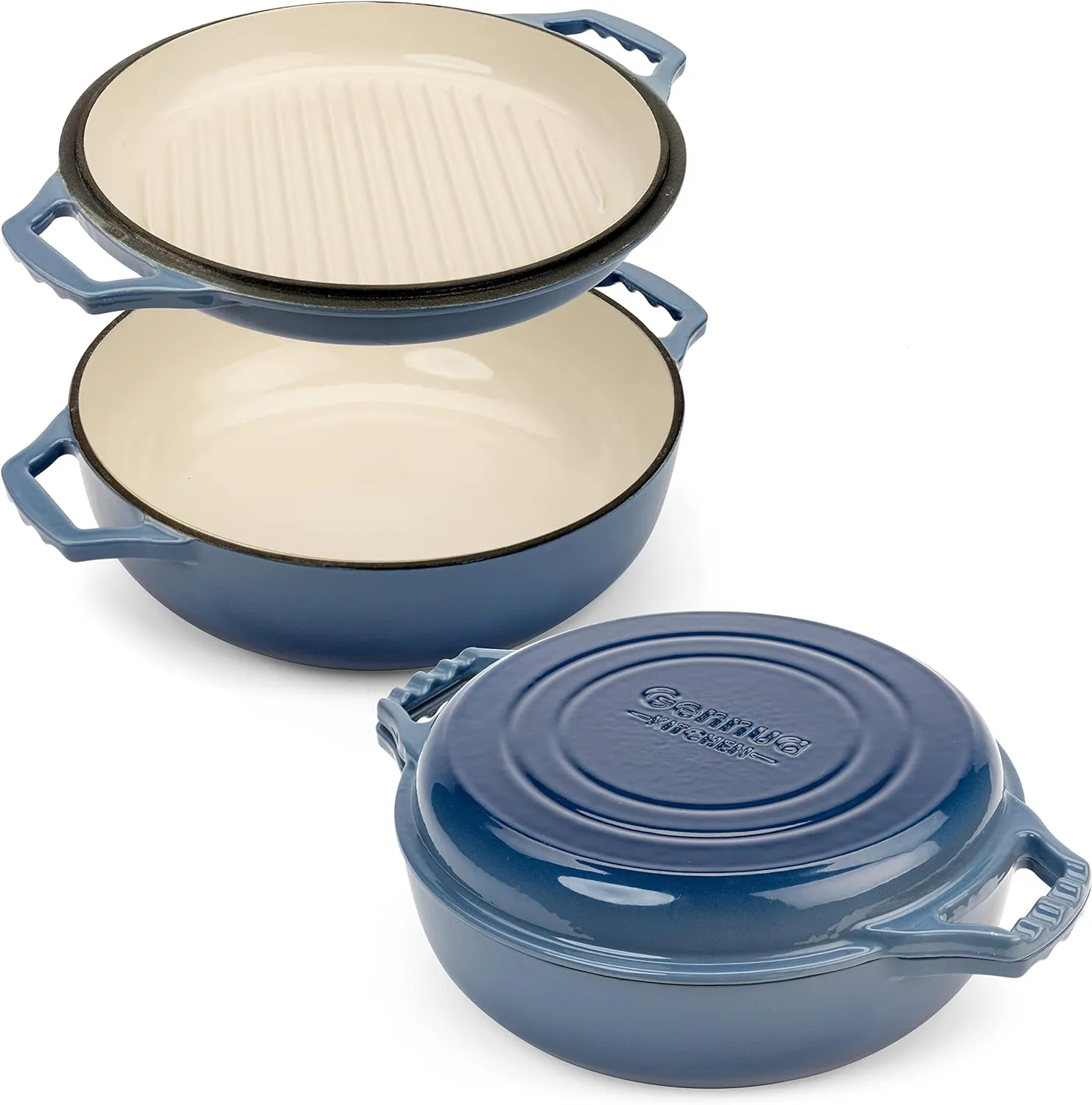 2-in-1 Enameled Cast Iron Braiser Pan with Grill Lid - 3.3-Quart Small Dutch Oven, Serves as Both Casserole & Stovetop Grill Pan, Cast Iron Cookware