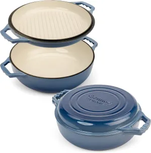 2-in-1 Enameled Cast Iron Braiser Pan with Grill Lid - 3.3-Quart Small Dutch Oven, Serves as Both Casserole & Stovetop Grill Pan, Cast Iron Cookware