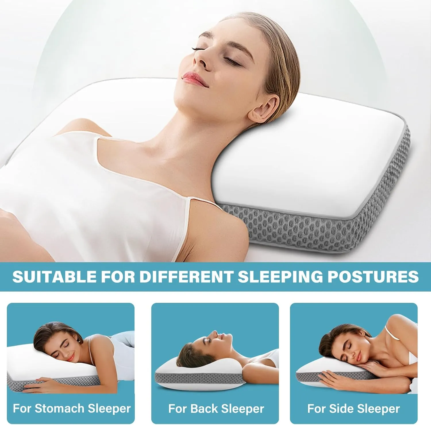 2 Pack Cooling Bed Pillows for Sleeping, Memory Foam Bed Pillows Queen Size Set of 2, Gel Pillow for Sleepers Cool Pillow for Side Back and Stomach Sleepers,Supportive（Grey）