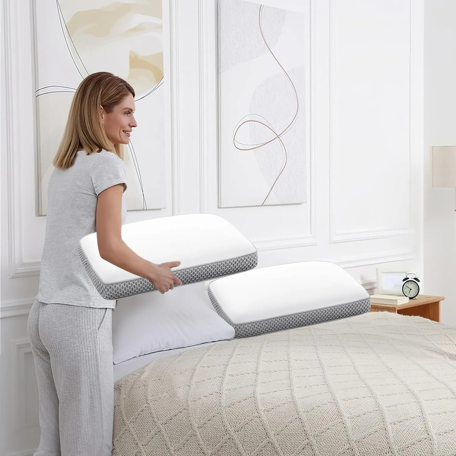 2 Pack Cooling Bed Pillows for Sleeping, Memory Foam Bed Pillows Queen Size Set of 2, Gel Pillow for Sleepers Cool Pillow for Side Back and Stomach Sleepers,Supportive（Grey）