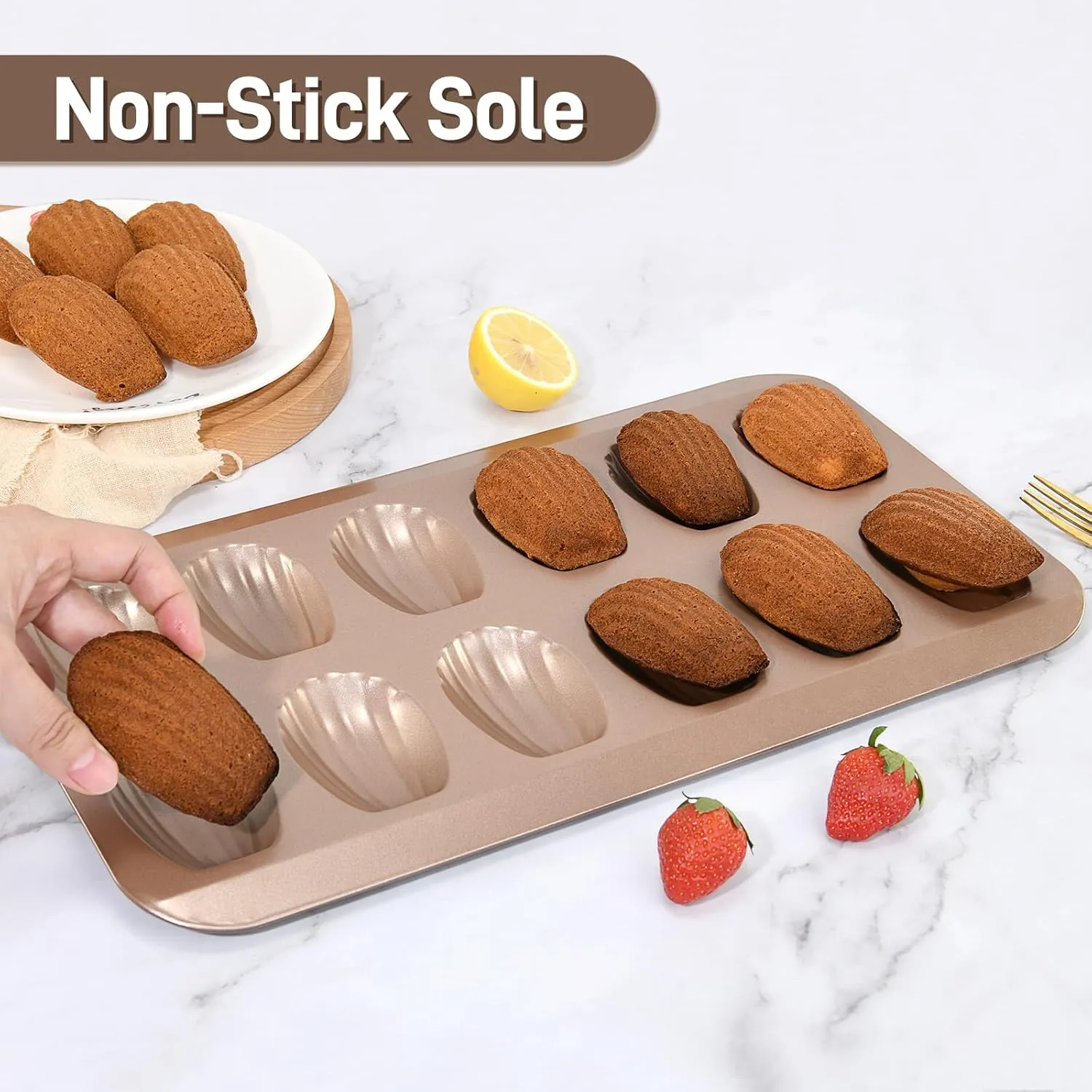 2 Pack Madeleine Pans, 12-Cavity Heavy Duty Nonstick French Shell Shape Baking Mold, Carbon Steel Madeleine Cookie Cake Pan for Oven, Dishwasher Safe, Gold