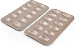2 Pack Madeleine Pans, 12-Cavity Heavy Duty Nonstick French Shell Shape Baking Mold, Carbon Steel Madeleine Cookie Cake Pan for Oven, Dishwasher Safe, Gold