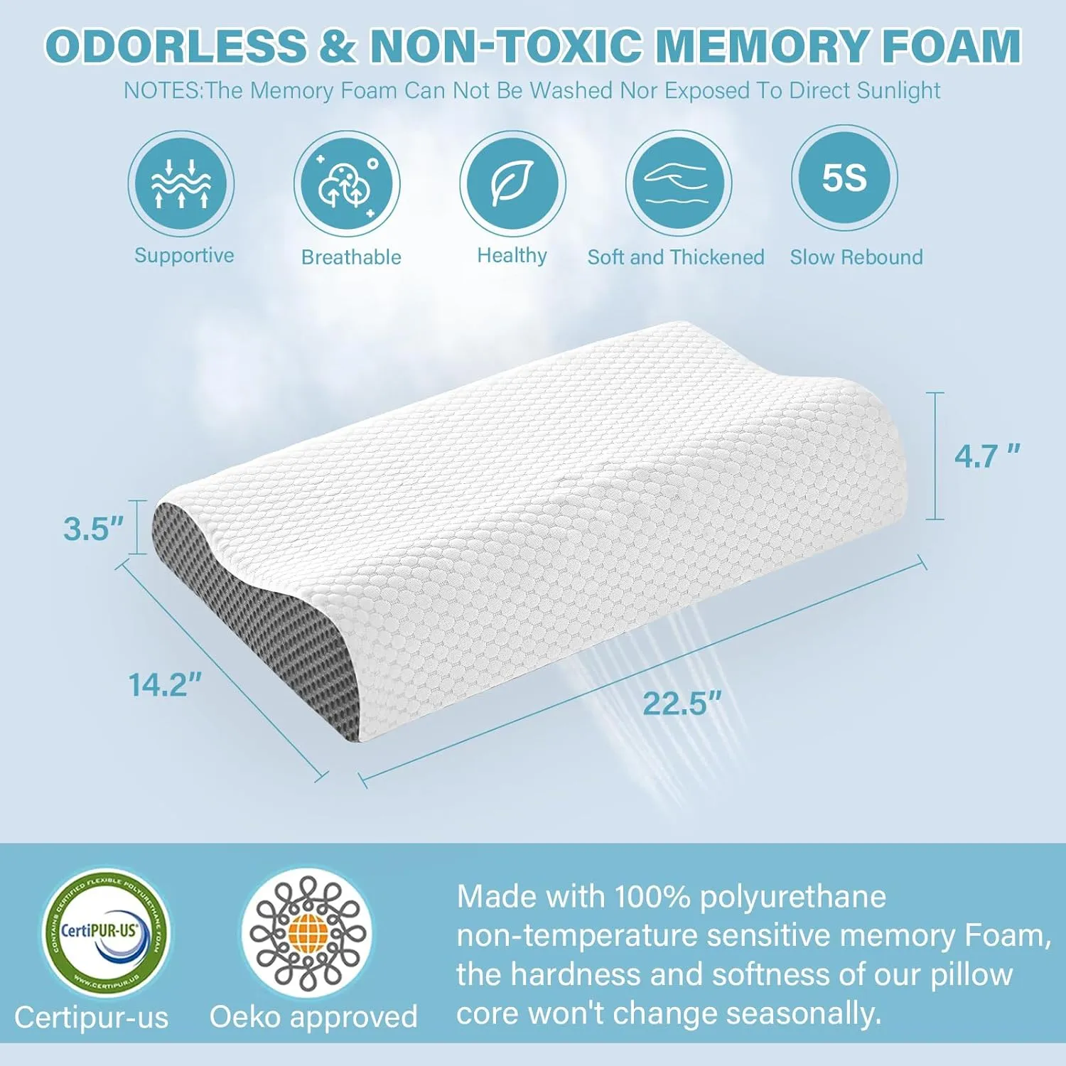 2 Pack Memory Foam Cooling Bed Pillows for Sleeping, Ergonomic Cervical Pillow for Neck and Shoulder Pain Relief, Adjustable Cold Pillow Set of 2,with Pillowcase （Grey）