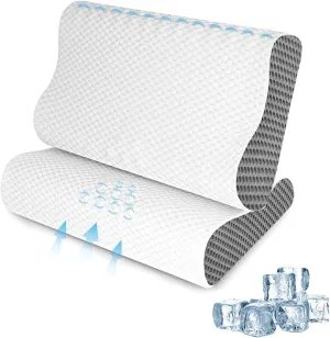 2 Pack Memory Foam Cooling Bed Pillows for Sleeping, Ergonomic Cervical Pillow for Neck and Shoulder Pain Relief, Adjustable Cold Pillow Set of 2,with Pillowcase （Grey）