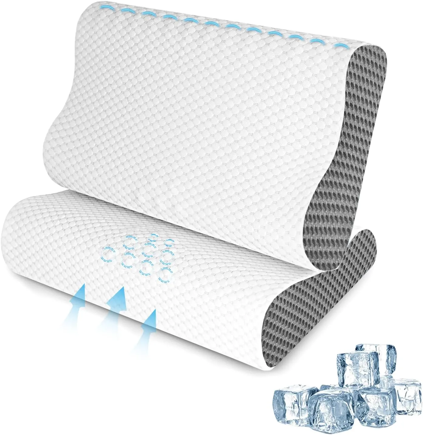 2 Pack Memory Foam Cooling Bed Pillows for Sleeping, Ergonomic Cervical Pillow for Neck and Shoulder Pain Relief, Adjustable Cold Pillow Set of 2,with Pillowcase （Grey）