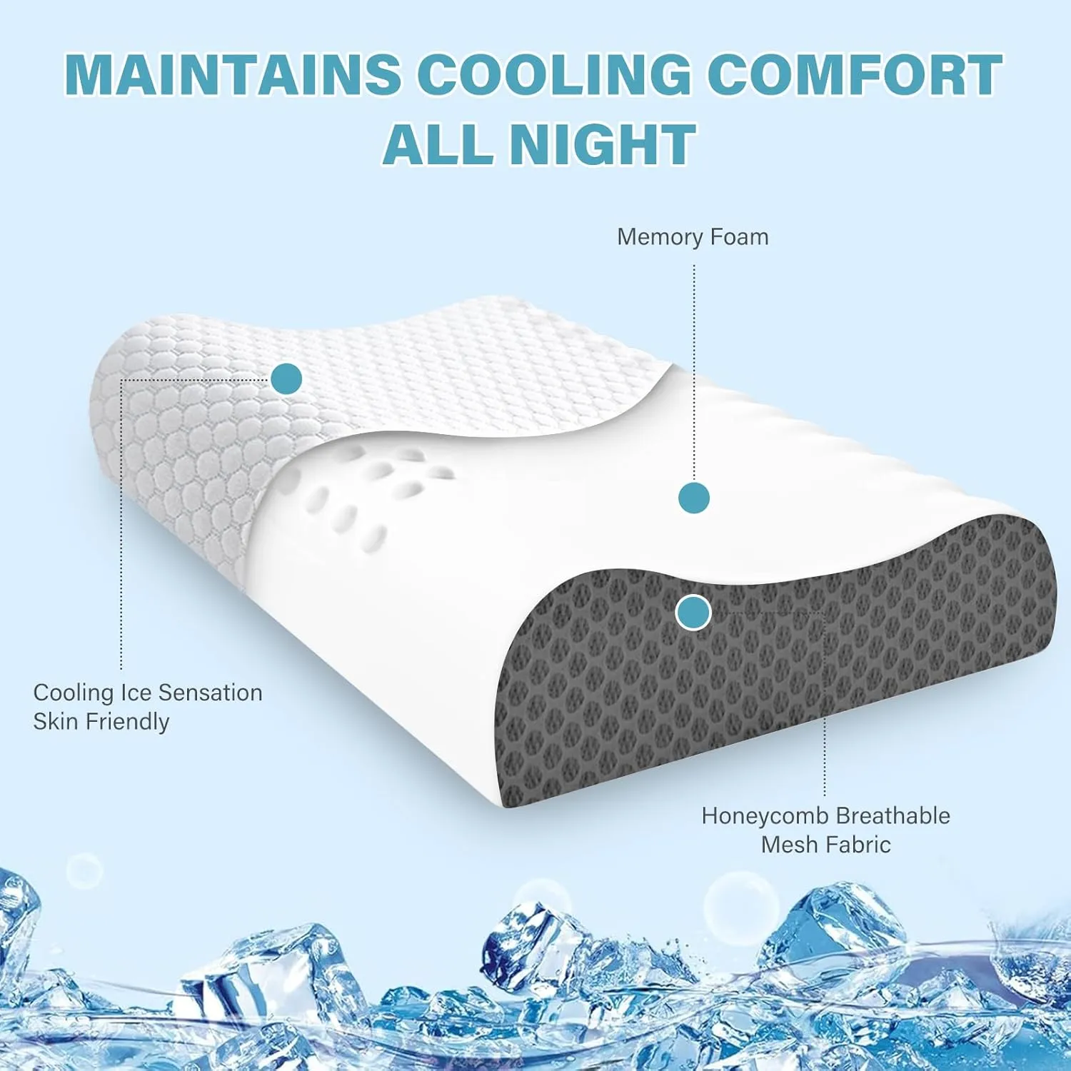 2 Pack Memory Foam Cooling Bed Pillows for Sleeping, Ergonomic Cervical Pillow for Neck and Shoulder Pain Relief, Adjustable Cold Pillow Set of 2,with Pillowcase （Grey）