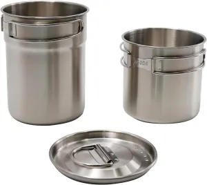 2 Pcs Stainless Steel Camping Cookware Set - 33oz & 24oz Lightweight Cups with Foldable Handles & Vented Lids | 304 Food-Grade for Backpacking, Hiking & Picnics