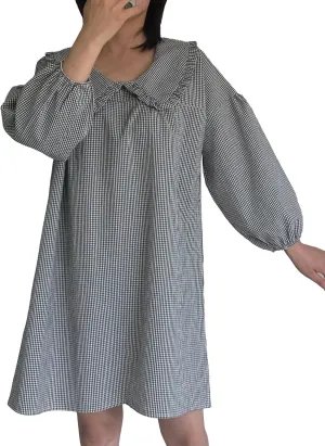 2025 Women's Babydoll 3/4 Puff Sleeve Plaid Mini Dress Lapel Doll Collar Loose Babydoll Dress for Women