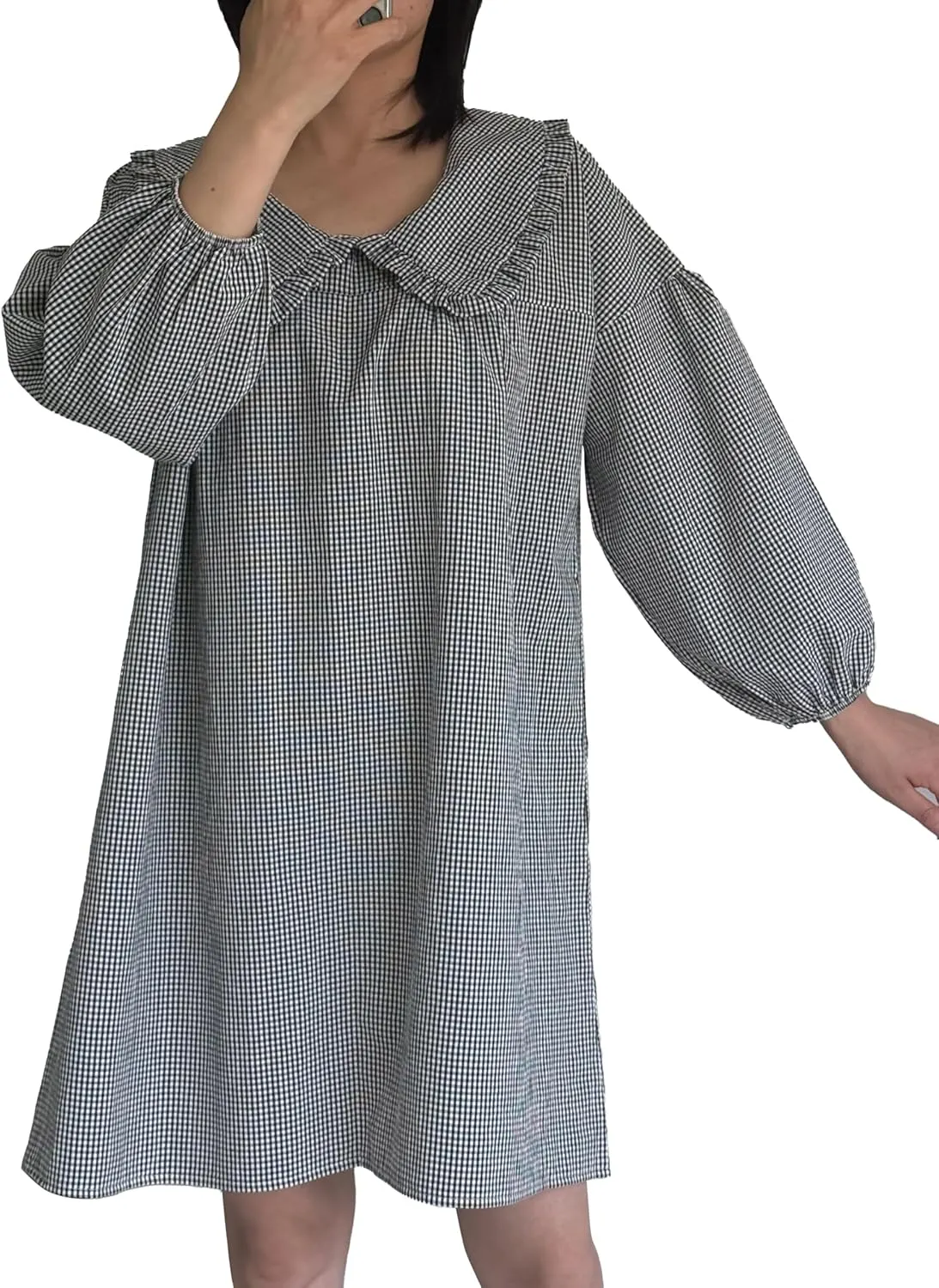 2025 Women's Babydoll 3/4 Puff Sleeve Plaid Mini Dress Lapel Doll Collar Loose Babydoll Dress for Women