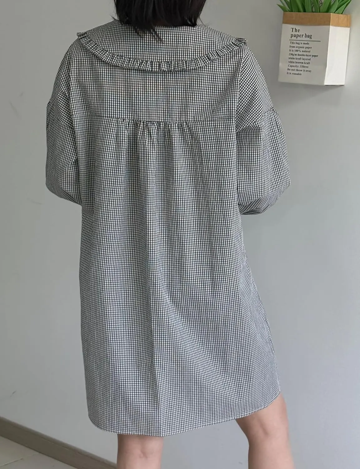 2025 Women's Babydoll 3/4 Puff Sleeve Plaid Mini Dress Lapel Doll Collar Loose Babydoll Dress for Women