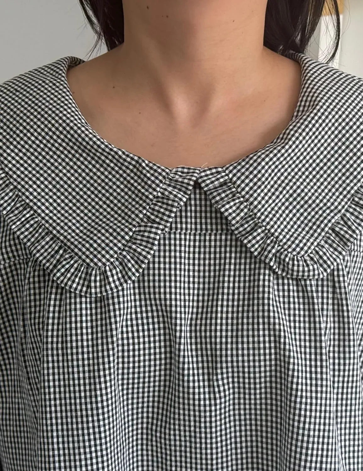 2025 Women's Babydoll 3/4 Puff Sleeve Plaid Mini Dress Lapel Doll Collar Loose Babydoll Dress for Women