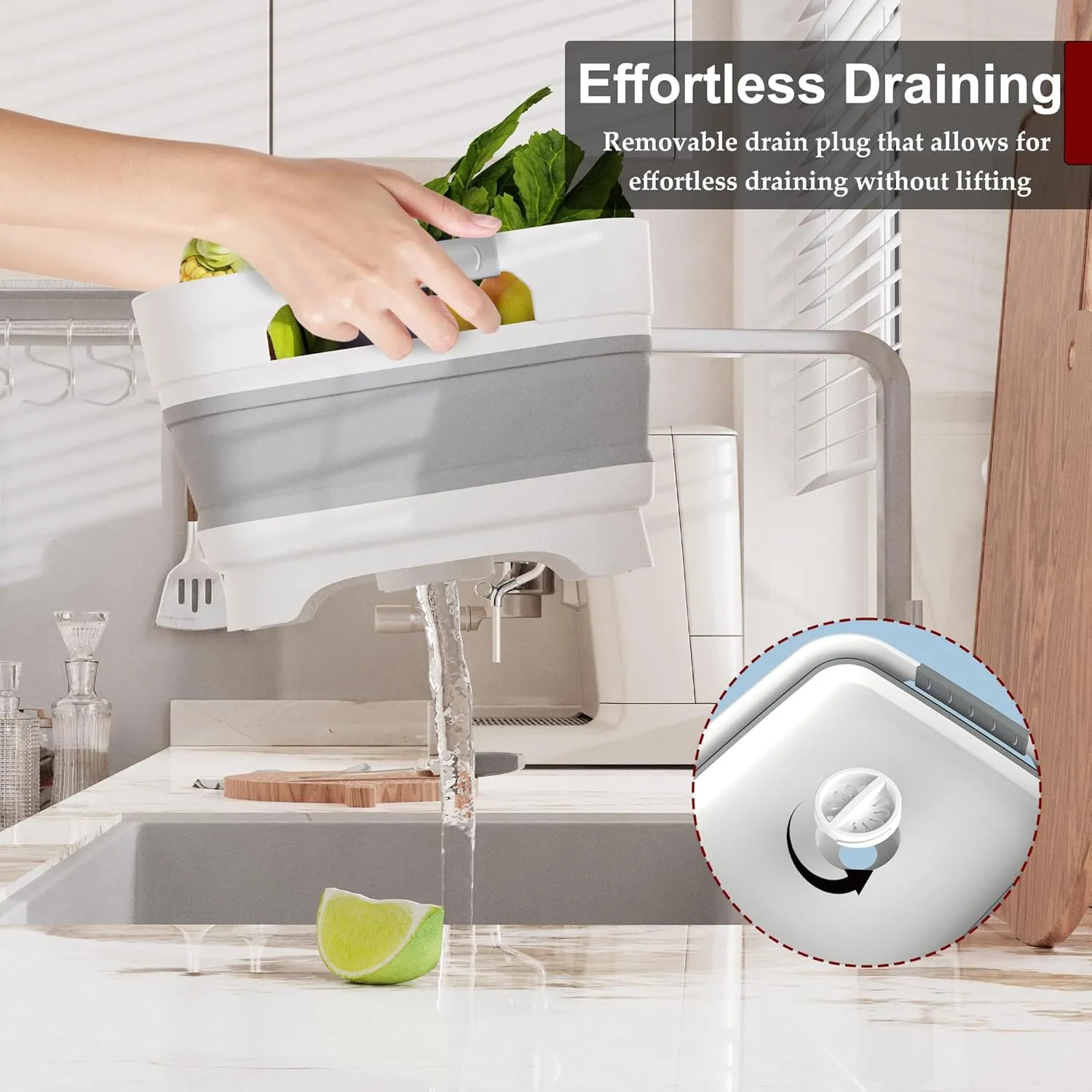2.4 Gal Collapsbile Wash Basin with Drian Plug,9L Dish Pan for Soaking Baby Bottles,Portable Sink, Multiuse Foldable Bucket,Ice Beverage Tubs for Camping, Vegetable Washing, RV (Gray)