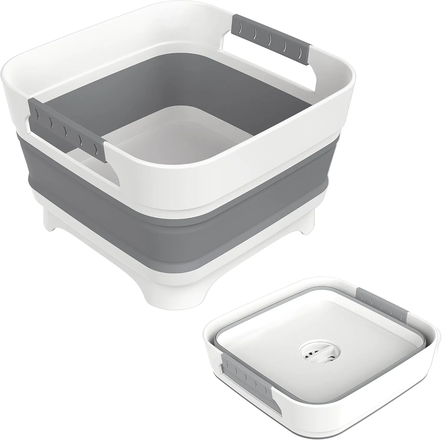 2.4 Gal Collapsbile Wash Basin with Drian Plug,9L Dish Pan for Soaking Baby Bottles,Portable Sink, Multiuse Foldable Bucket,Ice Beverage Tubs for Camping, Vegetable Washing, RV (Gray)