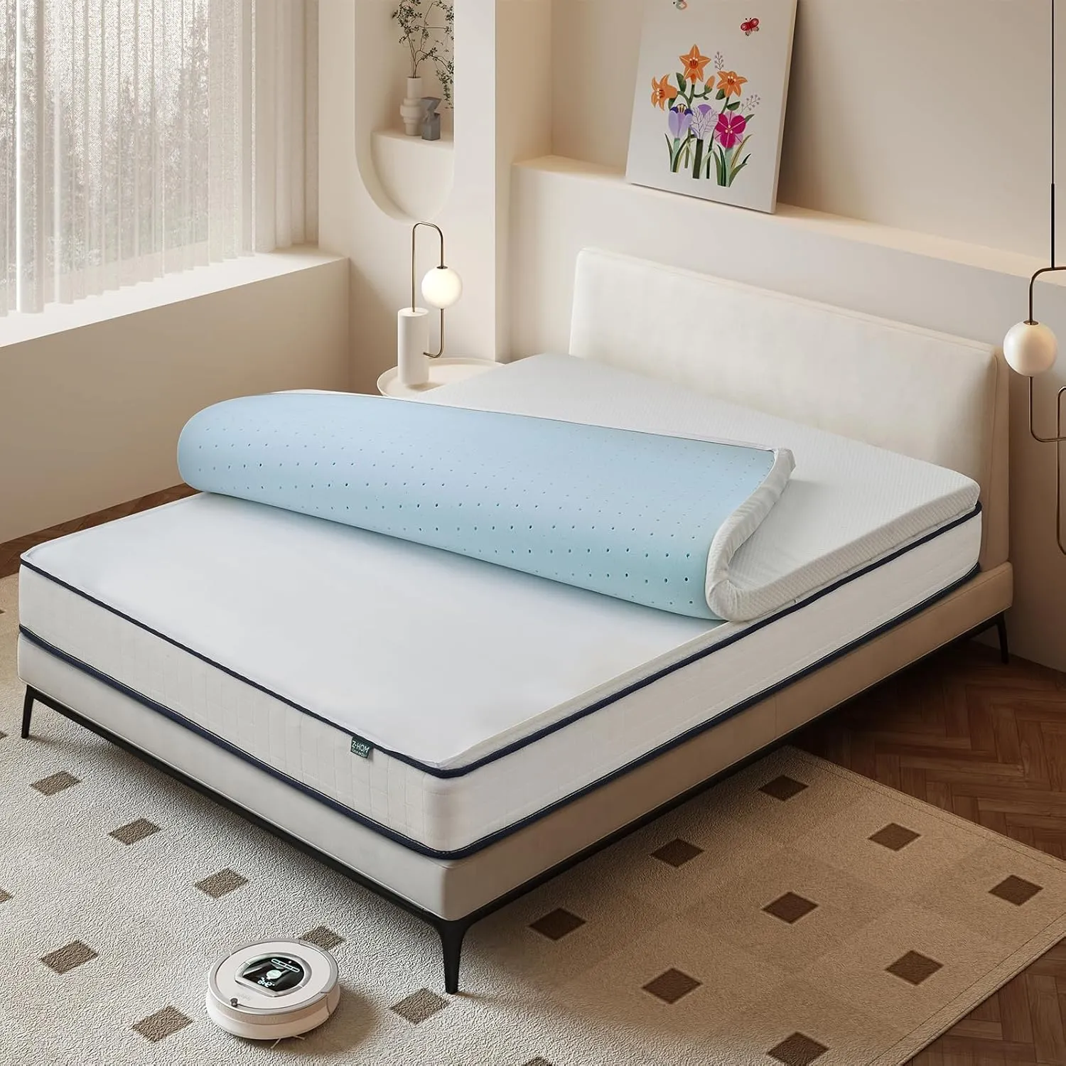 3 Inch Queen Memory Foam Mattress Topper, Cooling Gel Bed Topper with Premium Removable Skin-Friendly Non-Slip Cover, High Density Ventilated Mattress Pad CertiPUR-US & Oeko-Tex Certified, White
