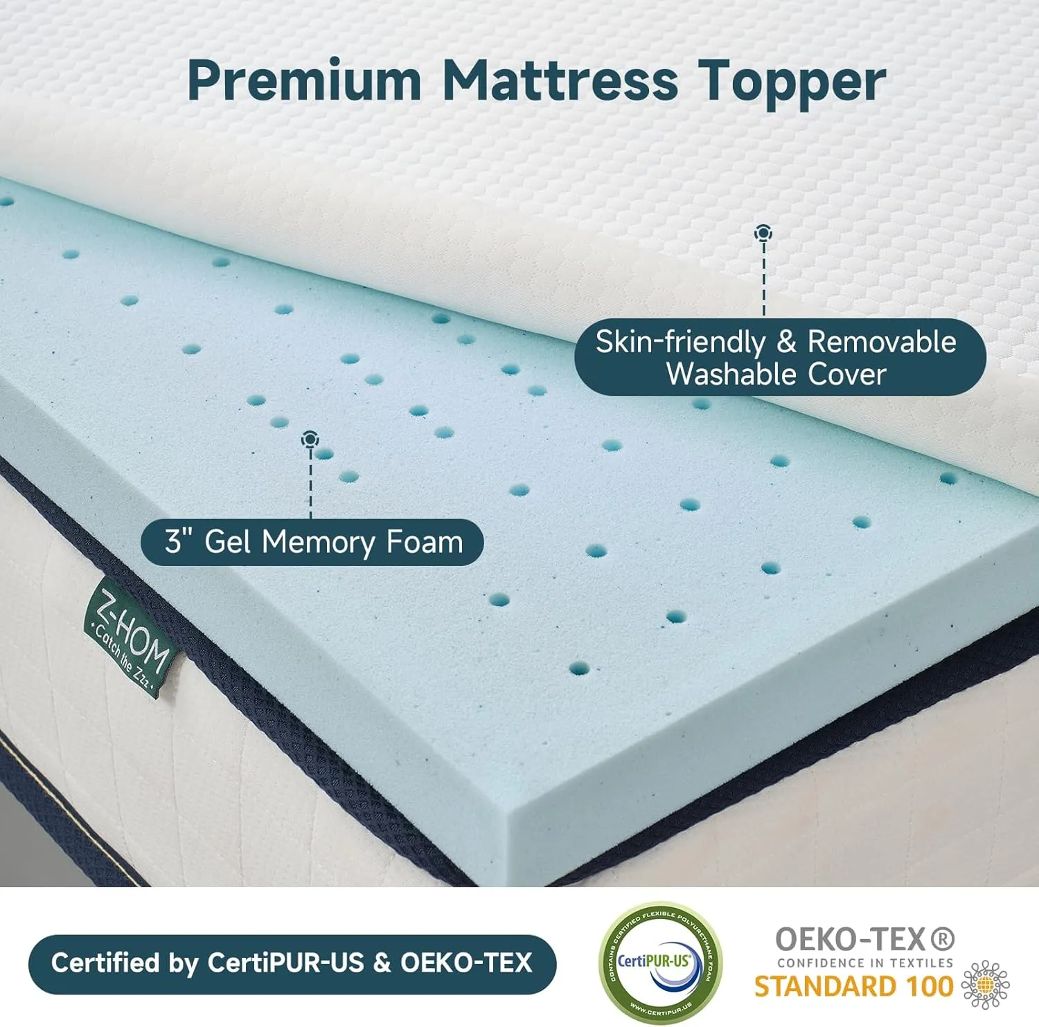 3 Inch Queen Memory Foam Mattress Topper, Cooling Gel Bed Topper with Premium Removable Skin-Friendly Non-Slip Cover, High Density Ventilated Mattress Pad CertiPUR-US & Oeko-Tex Certified, White