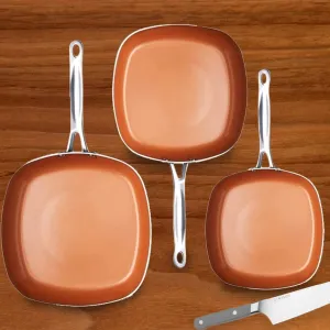 3 Piece Set: Gotham Steel 1682 Nonstick Copper Square Shallow Pan