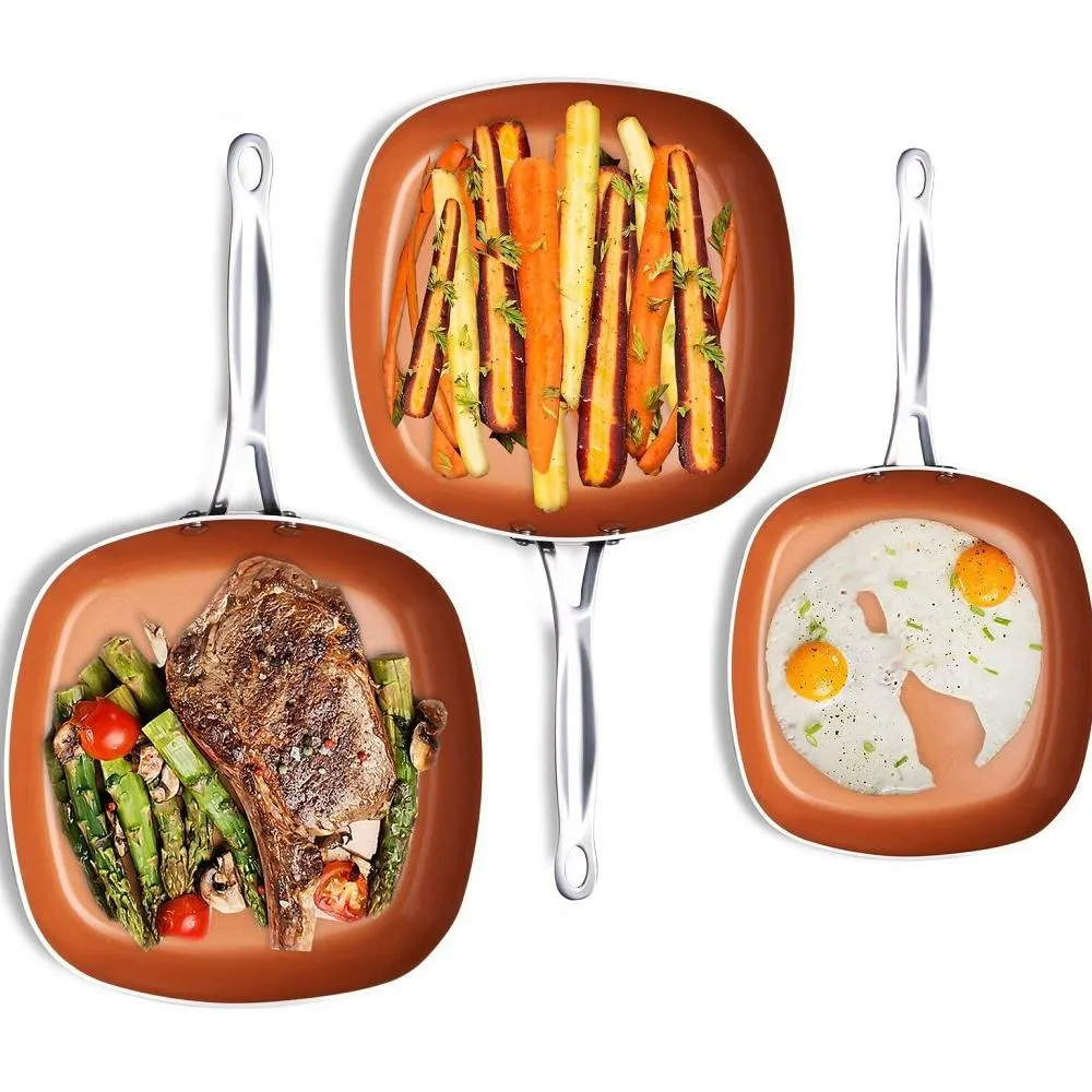 3 Piece Set: Gotham Steel 1682 Nonstick Copper Square Shallow Pan