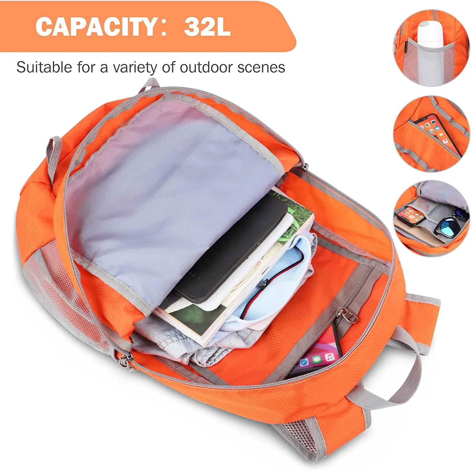 32L Lightweight Water-Resistant Packable Hiking Backpack