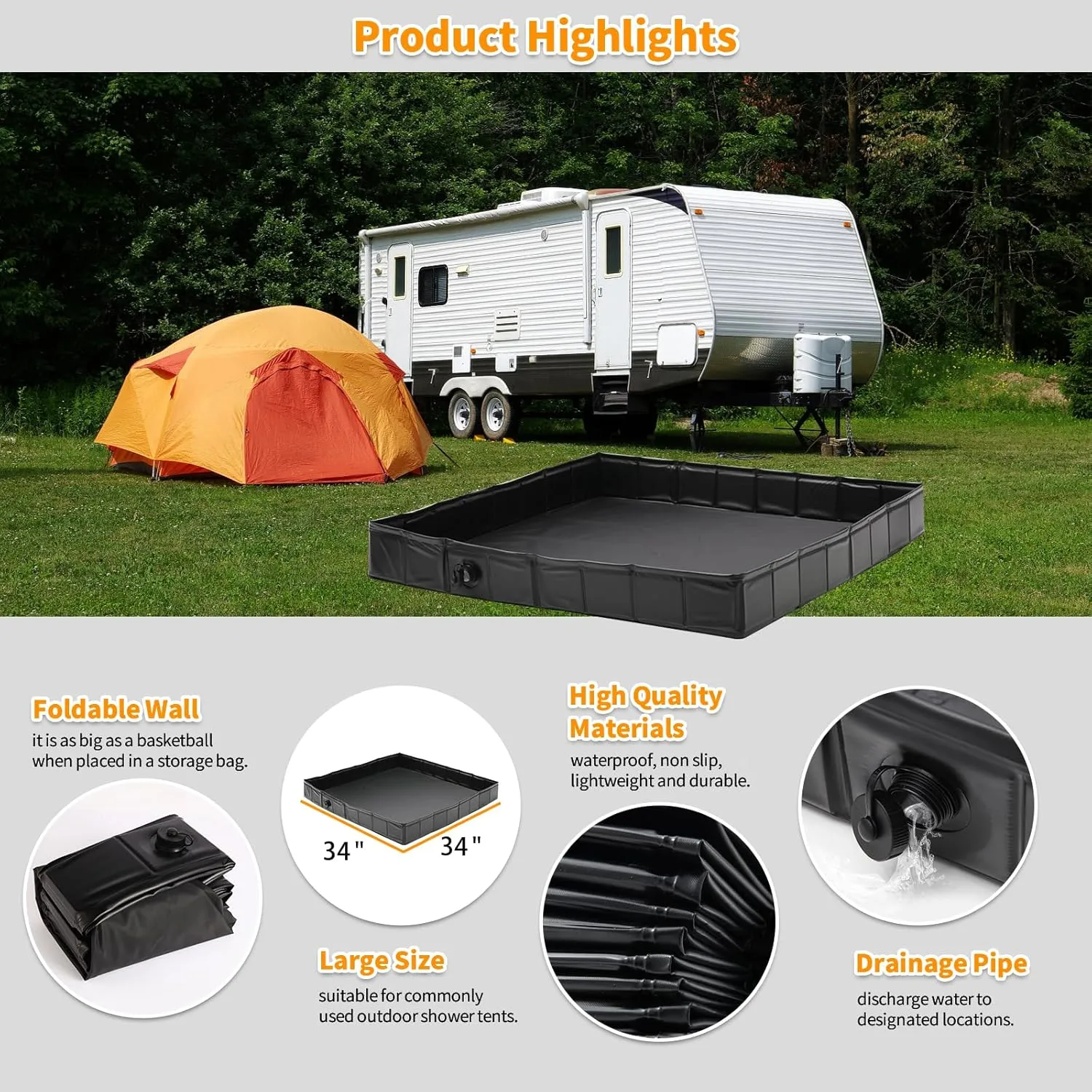34" x 34" x 5" Outdoor Shower Base - Portable Shower Floor - Outdoor Shower Pan for Outdoor,Camping,Beach, Caravan and Portable Shower Stall.