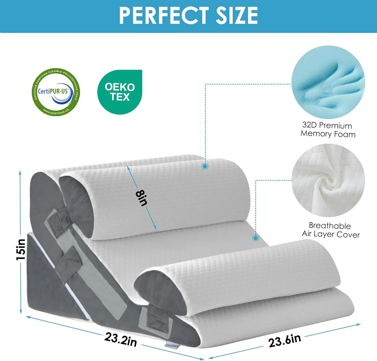 4PCS Bed Wedge Pillow for Headboard, 10-in-1 Adjustable Foam Wedge Pillow for Acid Reflux Relief, 23” Wide Triangle Pillow Wedge for Post Surgery, Back Pain Relief & Snoring, White/Grey