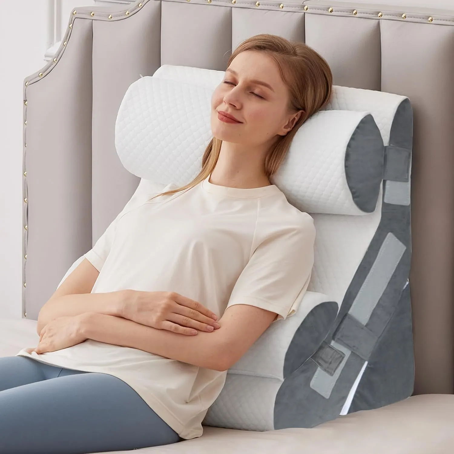 4PCS Bed Wedge Pillow for Headboard, 10-in-1 Adjustable Foam Wedge Pillow for Acid Reflux Relief, 23” Wide Triangle Pillow Wedge for Post Surgery, Back Pain Relief & Snoring, White/Grey