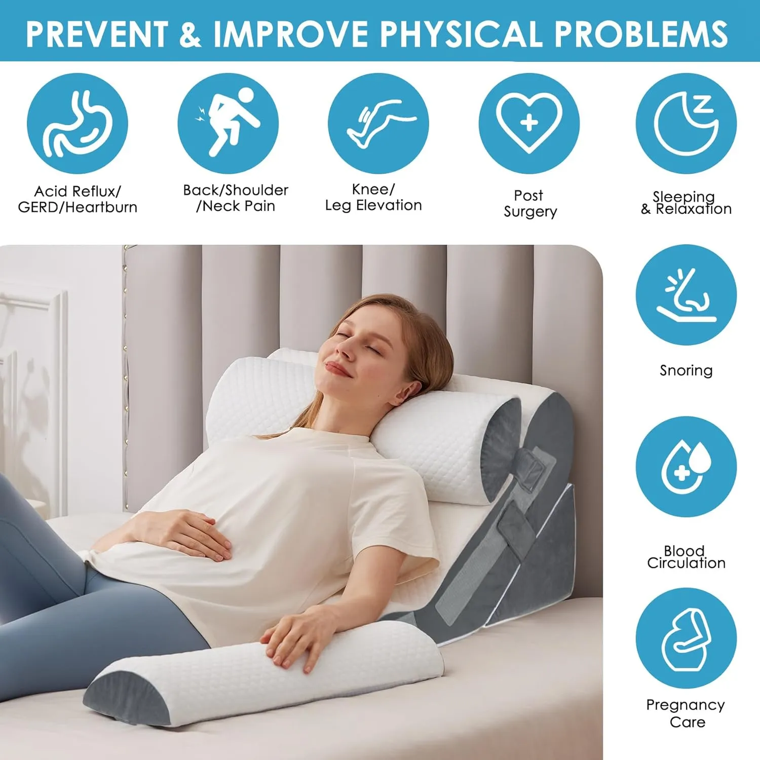 4PCS Bed Wedge Pillow for Headboard, 10-in-1 Adjustable Foam Wedge Pillow for Acid Reflux Relief, 23” Wide Triangle Pillow Wedge for Post Surgery, Back Pain Relief & Snoring, White/Grey
