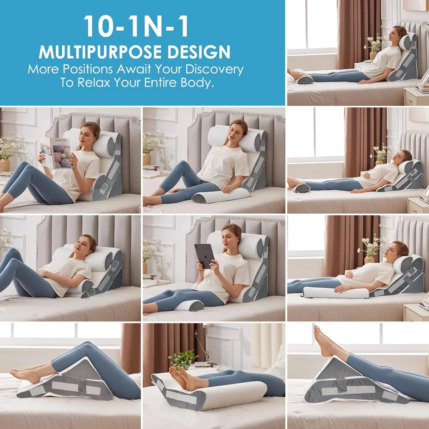 4PCS Bed Wedge Pillow for Headboard, 10-in-1 Adjustable Foam Wedge Pillow for Acid Reflux Relief, 23” Wide Triangle Pillow Wedge for Post Surgery, Back Pain Relief & Snoring, White/Grey