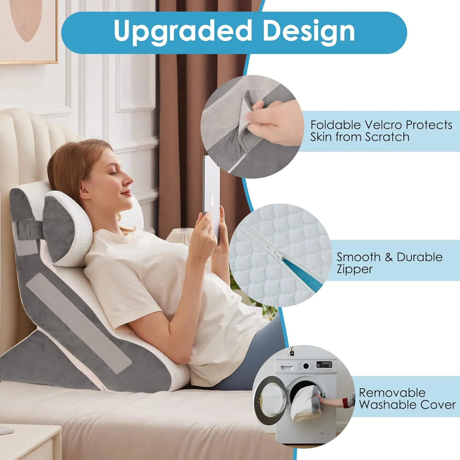 4PCS Bed Wedge Pillow for Headboard, 10-in-1 Adjustable Foam Wedge Pillow for Acid Reflux Relief, 23” Wide Triangle Pillow Wedge for Post Surgery, Back Pain Relief & Snoring, White/Grey