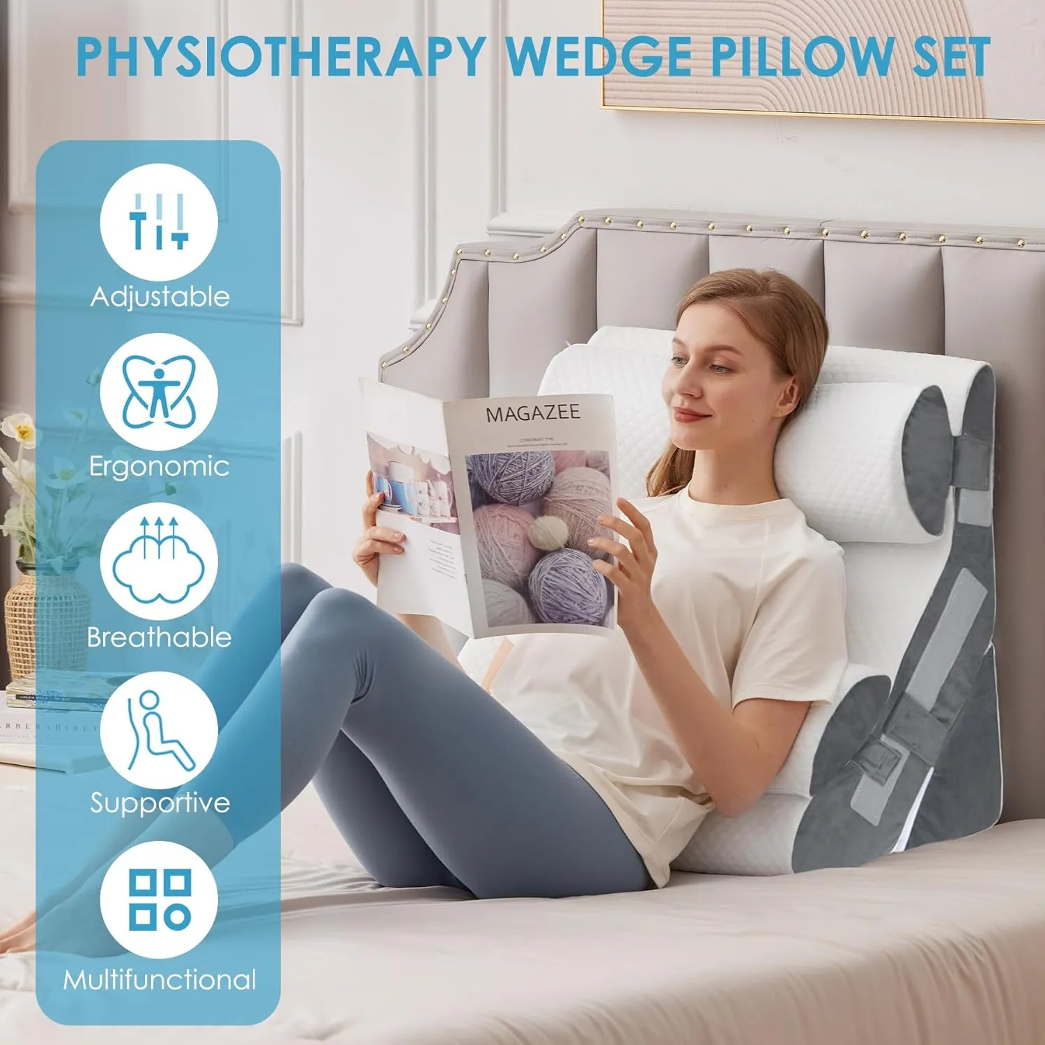 4PCS Bed Wedge Pillow for Headboard, 10-in-1 Adjustable Foam Wedge Pillow for Acid Reflux Relief, 23” Wide Triangle Pillow Wedge for Post Surgery, Back Pain Relief & Snoring, White/Grey