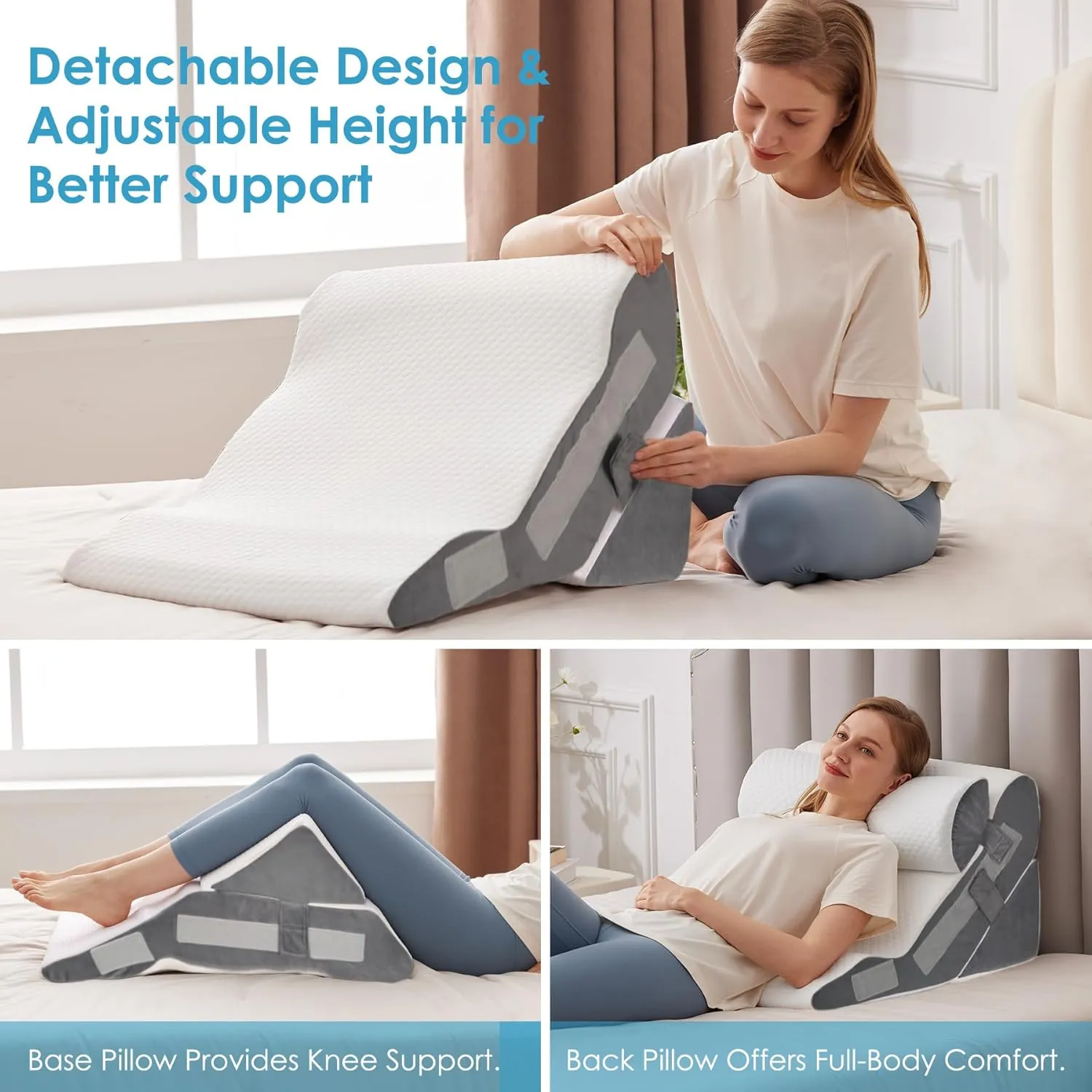 4PCS Bed Wedge Pillow for Headboard, 10-in-1 Adjustable Foam Wedge Pillow for Acid Reflux Relief, 23” Wide Triangle Pillow Wedge for Post Surgery, Back Pain Relief & Snoring, White/Grey
