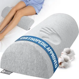 5 STARS UNITED Knee Pillow for Back Sleeping – Memory Foam Cushion for Sciatica Pain Relief – Under Leg Support for Sleeping on Back – Half Moon Bolster for Bed, Gray Cotton Cover