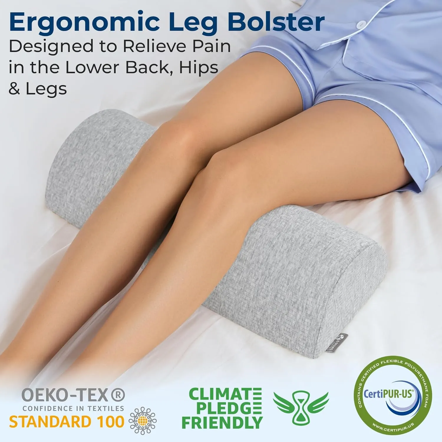 5 STARS UNITED Knee Pillow for Back Sleeping – Memory Foam Cushion for Sciatica Pain Relief – Under Leg Support for Sleeping on Back – Half Moon Bolster for Bed, Gray Cotton Cover