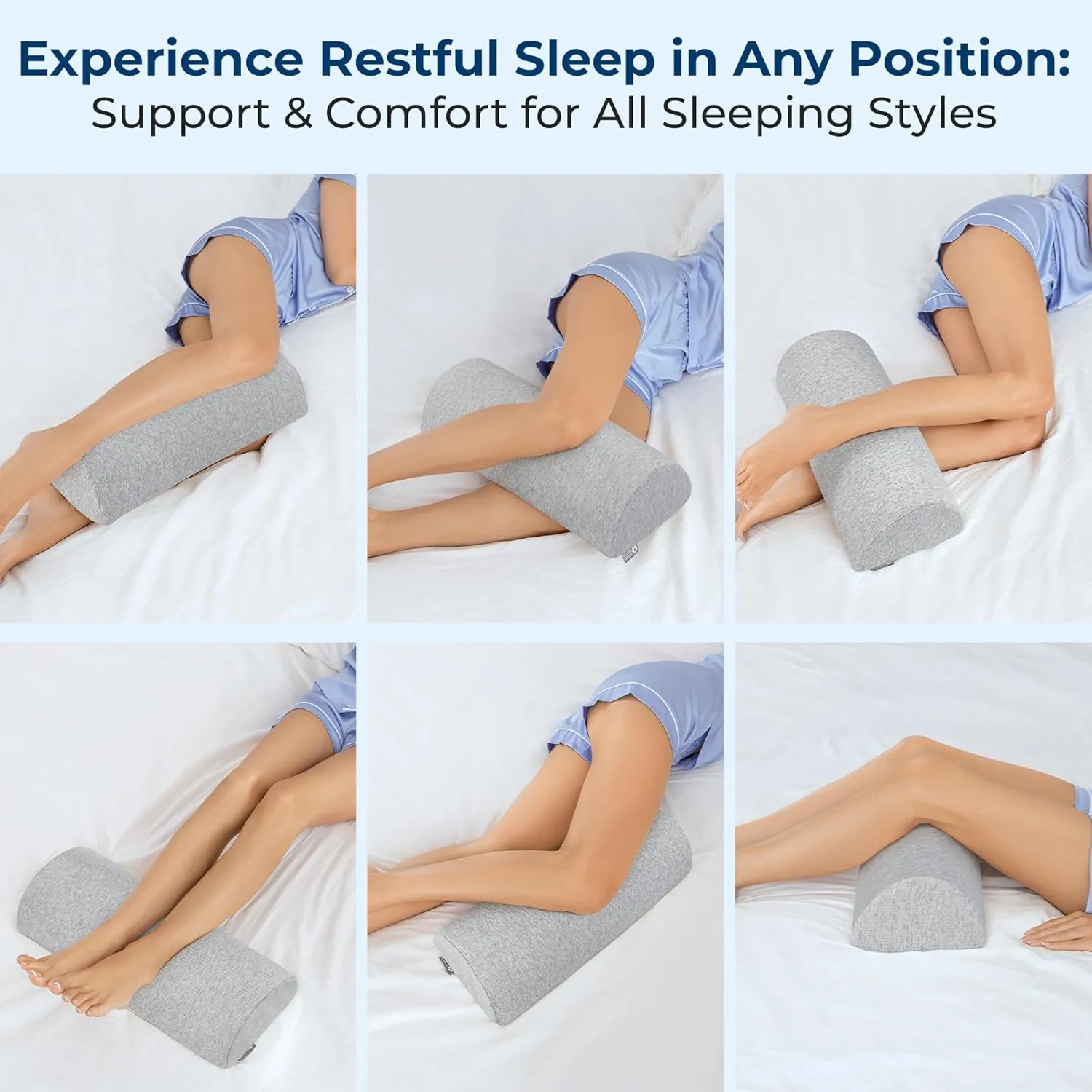 5 STARS UNITED Knee Pillow for Back Sleeping – Memory Foam Cushion for Sciatica Pain Relief – Under Leg Support for Sleeping on Back – Half Moon Bolster for Bed, Gray Cotton Cover