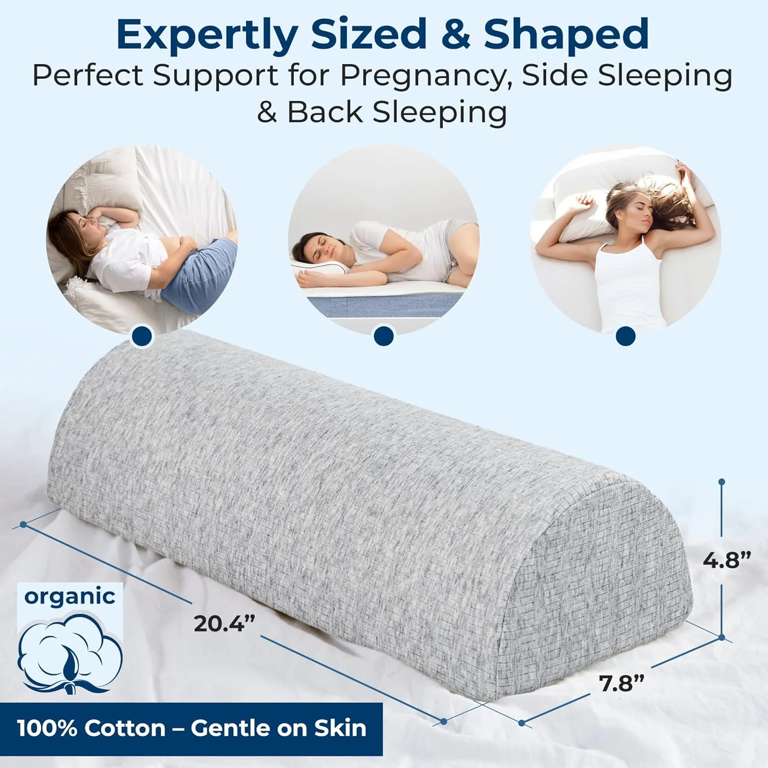 5 STARS UNITED Knee Pillow for Back Sleeping – Memory Foam Cushion for Sciatica Pain Relief – Under Leg Support for Sleeping on Back – Half Moon Bolster for Bed, Gray Cotton Cover