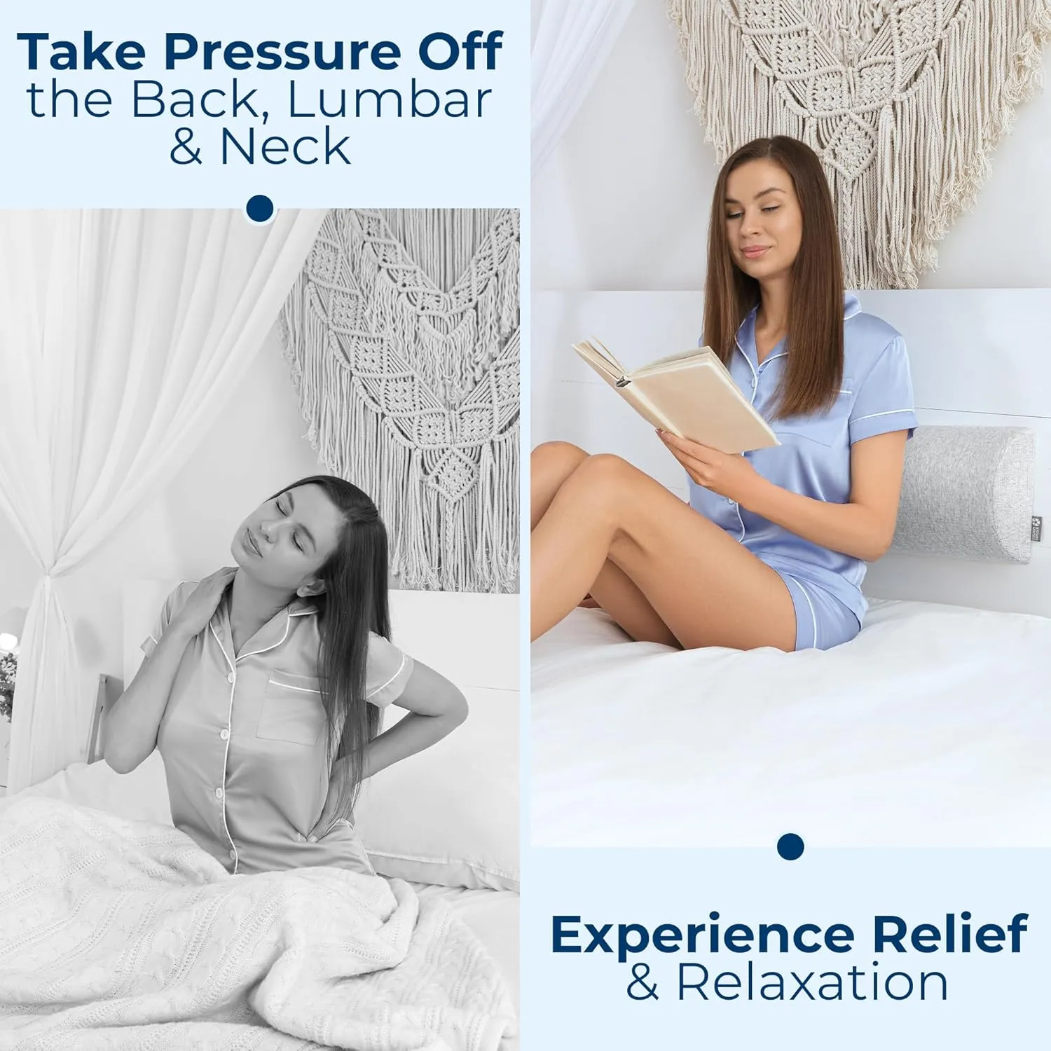 5 STARS UNITED Knee Pillow for Back Sleeping – Memory Foam Cushion for Sciatica Pain Relief – Under Leg Support for Sleeping on Back – Half Moon Bolster for Bed, Gray Cotton Cover