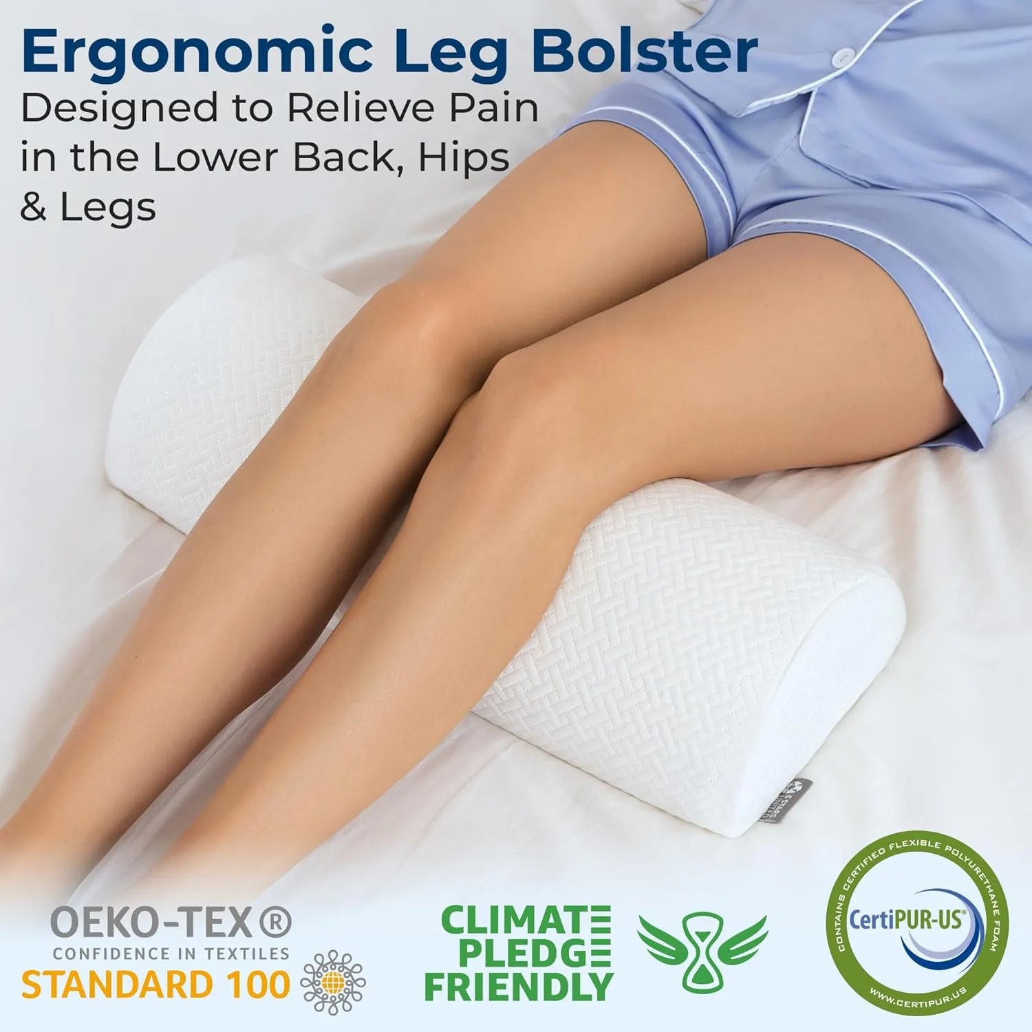 5 STARS UNITED Knee Pillow for Back Sleeping – Memory Foam Cushion for Sciatica Pain Relief – Under Leg Support for Sleeping on Back – Half Moon Bolster for Bed, White