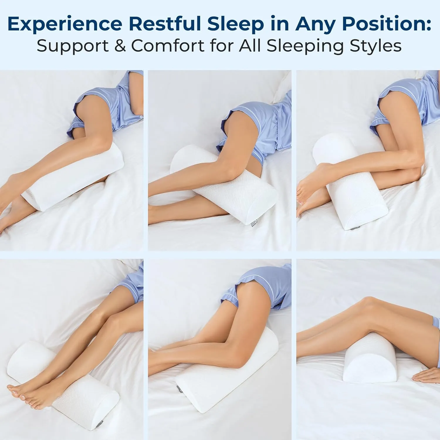 5 STARS UNITED Knee Pillow for Back Sleeping – Memory Foam Cushion for Sciatica Pain Relief – Under Leg Support for Sleeping on Back – Half Moon Bolster for Bed, White