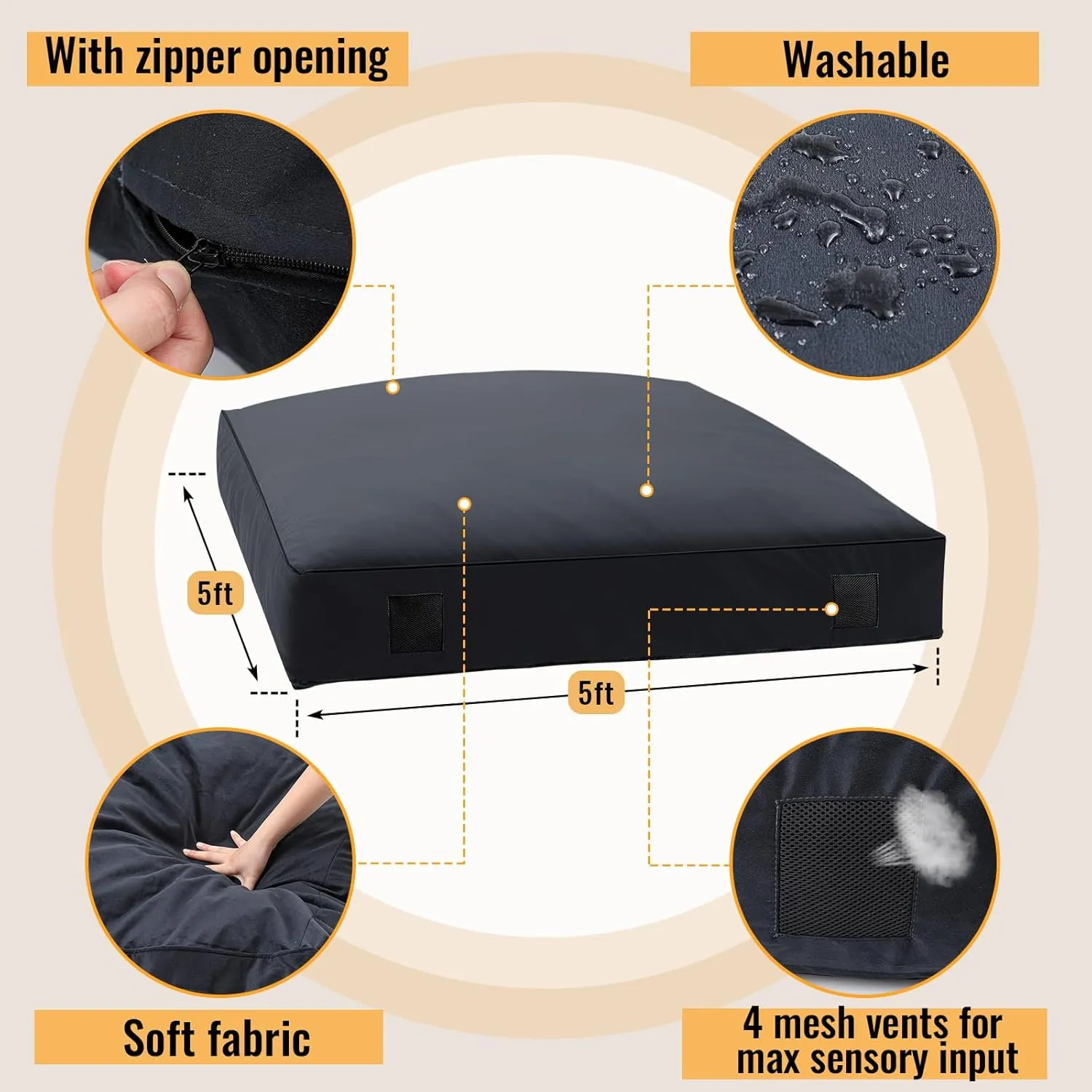 5' x 5' or 3' x 4' Cover Replacement for Crash Pad, Sensory Crash Pads Cover for Kids and Adult, Durable and Safe, Machine-Washable, Pads Sheet Only